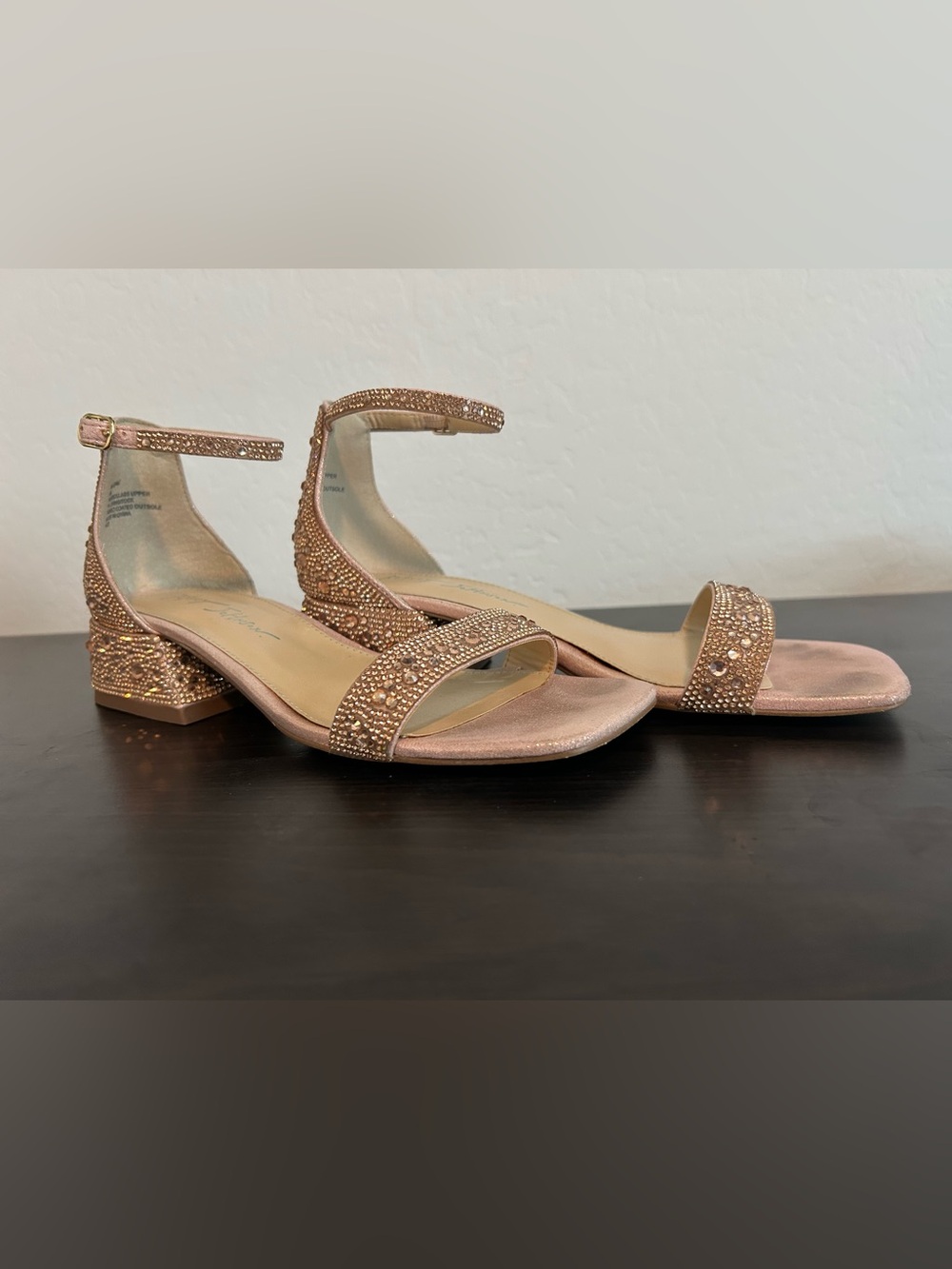 Betsey Johnson Rose Gold Crystal Ankle-Strap Block Heels